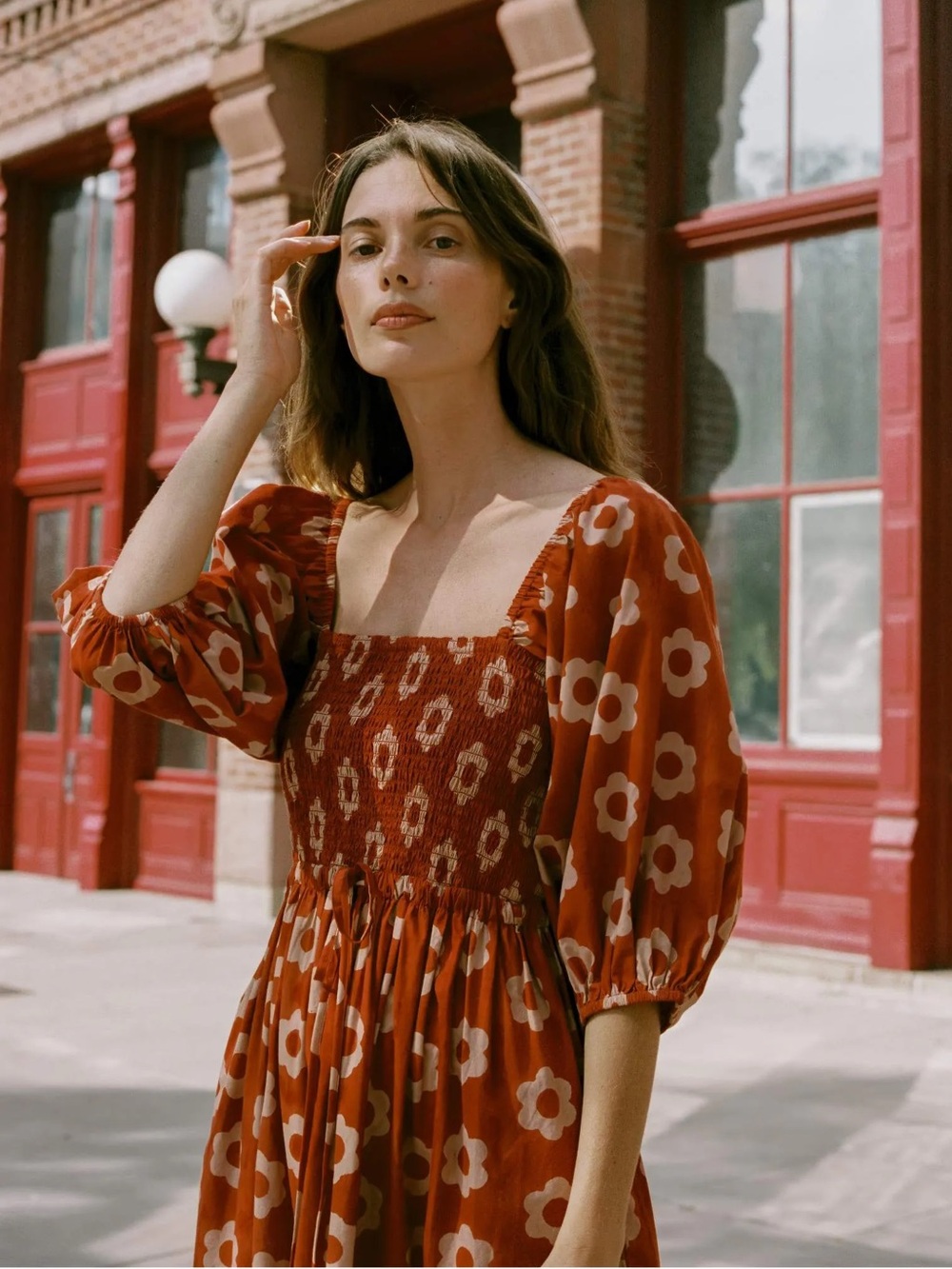 Christy Dawn Katrina Crimson Daisy Floral Smocked Maxi Dress Puff Sleeves XS
